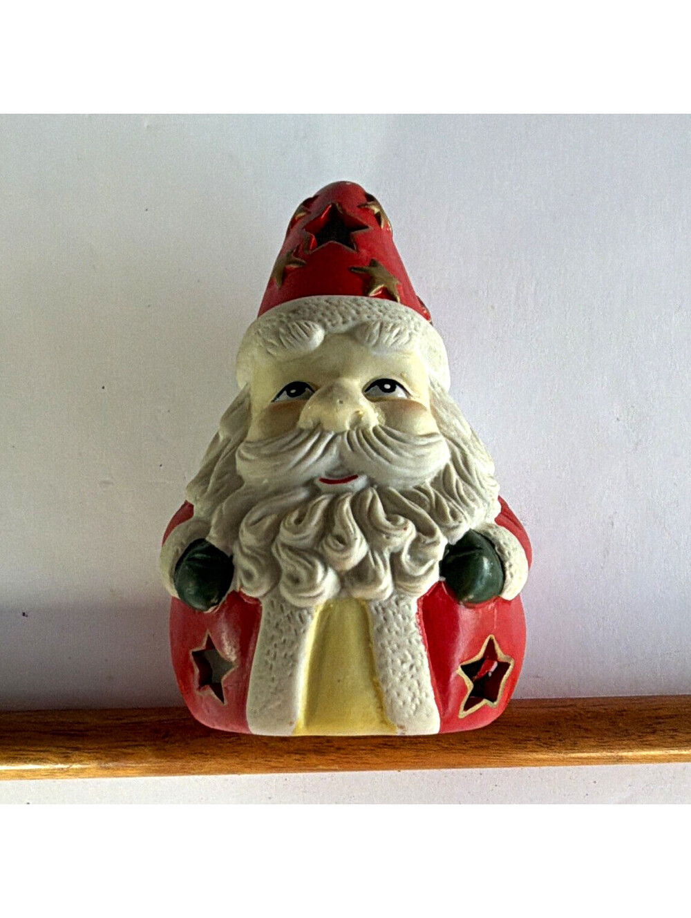 Ceramic Santa Figurine Painted Red Star Hat Christmas Decor candle holder